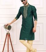 Green embroidered art silk kurta-pajama