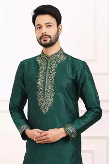 Green embroidered art silk kurta-pajama