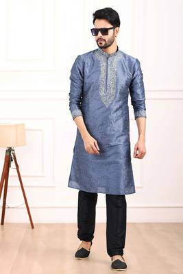 Blue embroidered art silk kurta-pajama 1