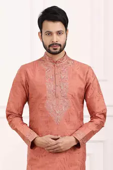 Pink embroidered art silk kurta-pajama
