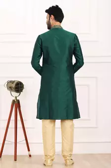 Green embroidered art silk kurta-pajama