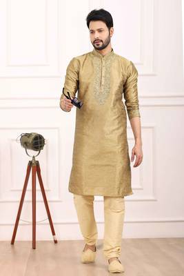 Beige embroidered art silk kurta-pajama for mens 1