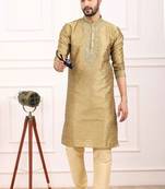 Beige embroidered art silk kurta-pajama for mens