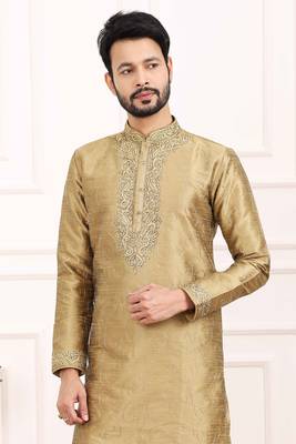 Beige embroidered art silk kurta-pajama for mens 2