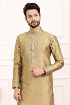 Beige embroidered art silk kurta-pajama for mens