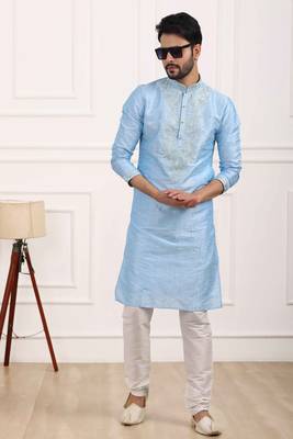 Blue embroidered art silk kurta-pajama 1