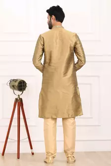 Beige embroidered art silk kurta-pajama for mens