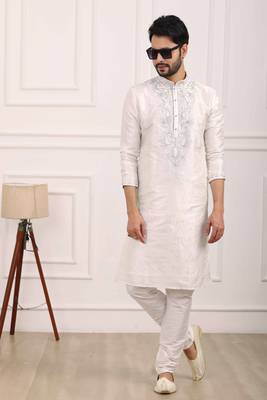 White embroidered art silk kurta-pajama 1