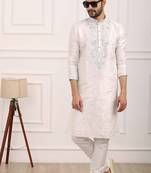 White embroidered art silk kurta-pajama