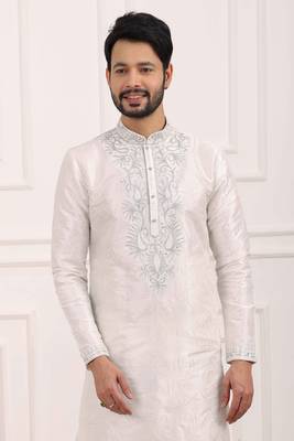 White embroidered art silk kurta-pajama 2