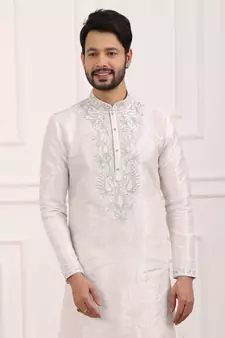 White embroidered art silk kurta-pajama