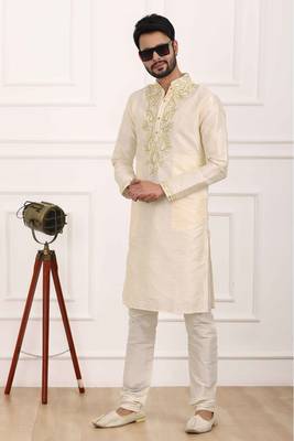 Fawn embroidered art silk kurta-pajama 1