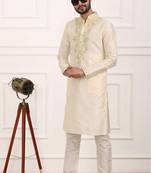 Fawn embroidered art silk kurta-pajama