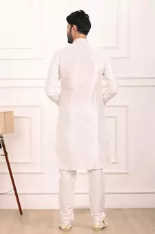 White embroidered art silk kurta-pajama