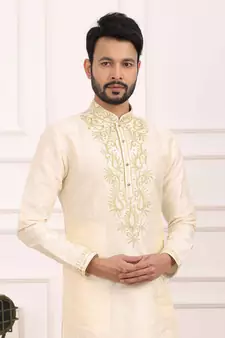 Fawn embroidered art silk kurta-pajama