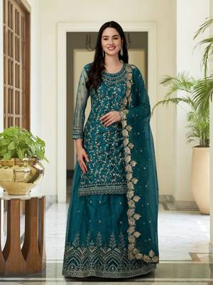 Trendmalls Trendy Designer Dark Aqua Blue Net Embroidered Salwar Suit with Dupatta Fully Stitched 1