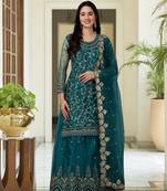 Trendy Designer Dark Aqua Blue Net Embroidered Salwar Suit with Dupatta Fully Stitched
