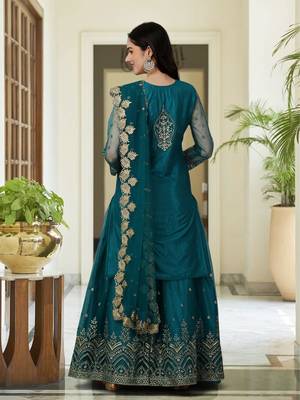 Trendmalls Trendy Designer Dark Aqua Blue Net Embroidered Salwar Suit with Dupatta Fully Stitched 2