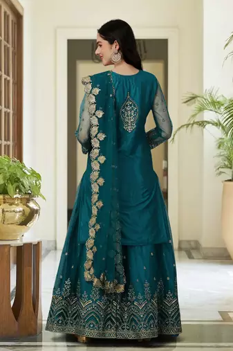 Trendmalls Trendy Designer Dark Aqua Blue Net Embroidered Salwar Suit with Dupatta Fully Stitched