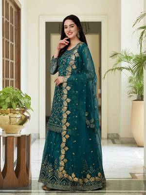 Trendmalls Trendy Designer Dark Aqua Blue Net Embroidered Salwar Suit with Dupatta Fully Stitched 3