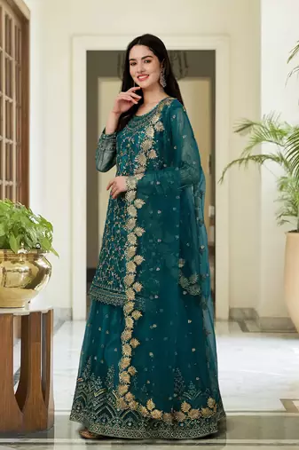 Trendmalls Trendy Designer Dark Aqua Blue Net Embroidered Salwar Suit with Dupatta Fully Stitched