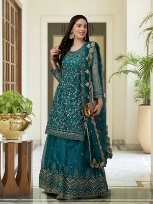 Trendmalls Trendy Designer Dark Aqua Blue Net Embroidered Salwar Suit with Dupatta Fully Stitched 4