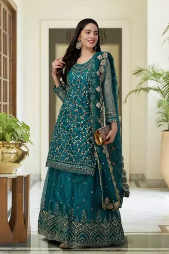 Trendmalls Trendy Designer Dark Aqua Blue Net Embroidered Salwar Suit with Dupatta Fully Stitched