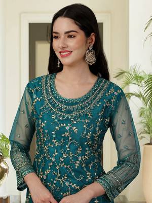 Trendmalls Trendy Designer Dark Aqua Blue Net Embroidered Salwar Suit with Dupatta Fully Stitched 5