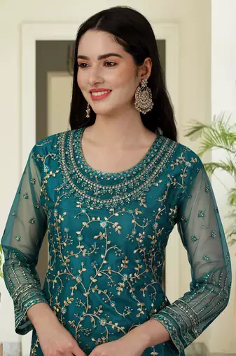 Trendmalls Trendy Designer Dark Aqua Blue Net Embroidered Salwar Suit with Dupatta Fully Stitched