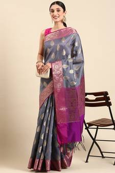 SWATIKA Grey silk blend Traditional banarasi silk Women's  Saree With Blouse piece
