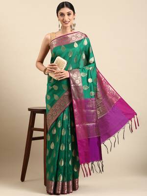 SWATIKA Green silk blend Traditional banarasi silk Women's  Saree With Blouse piece 1