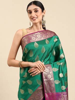 SWATIKA Green silk blend Traditional banarasi silk Women's  Saree With Blouse piece 2