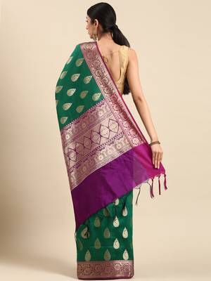 SWATIKA Green silk blend Traditional banarasi silk Women's  Saree With Blouse piece 3