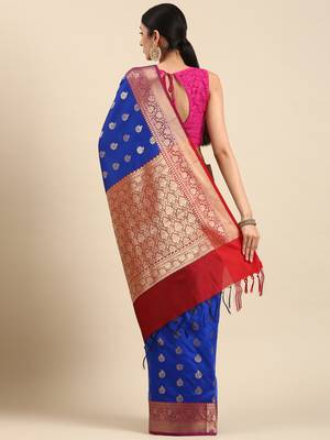 SWATIKA Blue silk blend Traditional banarasi silk Women's  Saree With Blouse piece 3