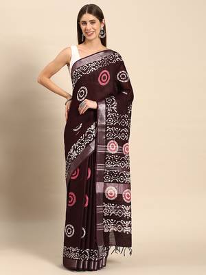 SWATIKA Brown pure cotton Traditional batik Women's  Saree With Blouse piece 2