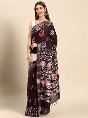 SWATIKA Brown pure cotton Traditional batik Women's  Saree With Blouse piece 3