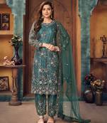Teal embroidered net salwar kameez