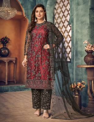 Red embroidered net salwar kameez 1