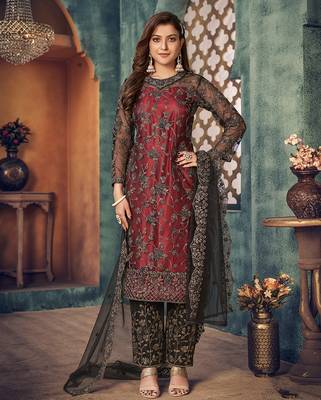 Red embroidered net salwar kameez 2