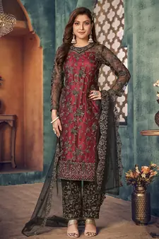 Red embroidered net salwar kameez