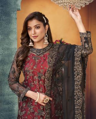 Red embroidered net salwar kameez 3