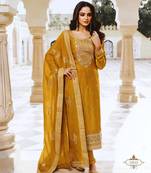 YELLOW INDIAN BRIDALWEAR DOLA SILK MULTI THREAD & ZARI WITH SEQUENCE & CODING EMBROIDERED SALWAR KAMEEZ