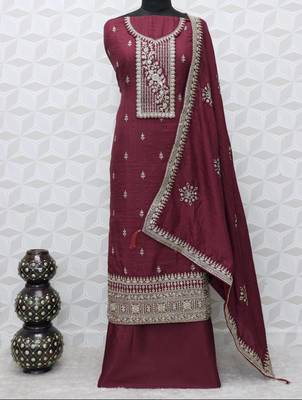 MAROON INDIAN BRIDALWEAR DOLA SILK MULTI THREAD & ZARI WITH SEQUENCE & CODING EMBROIDERED SALWAR KAMEEZ 2