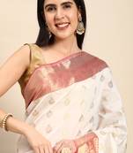 SWATIKA White silk blend Traditional banarasi silk Women's  Saree With Blouse piece