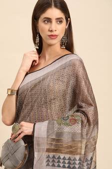 SWATIKA Grey silk blend Traditional bhagalpuri Women's  Saree With Blouse piece