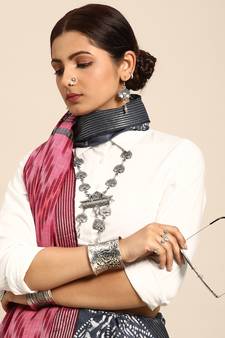 SWATIKA Grey Cotton Traditional ikat Women's  Saree With Blouse piece