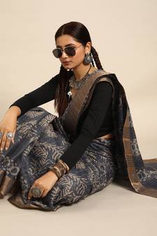 SWATIKA Grey silk blend Traditional chanderi Women's  Saree With Blouse piece