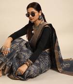 SWATIKA Grey silk blend Traditional chanderi Women's  Saree With Blouse piece