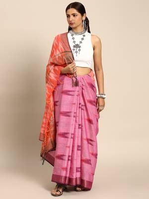 SWATIKA Pink Cotton Traditional ikat Women's  Saree With Blouse piece 2