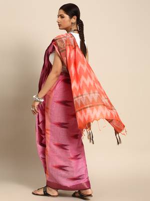 SWATIKA Pink Cotton Traditional ikat Women's  Saree With Blouse piece 3
